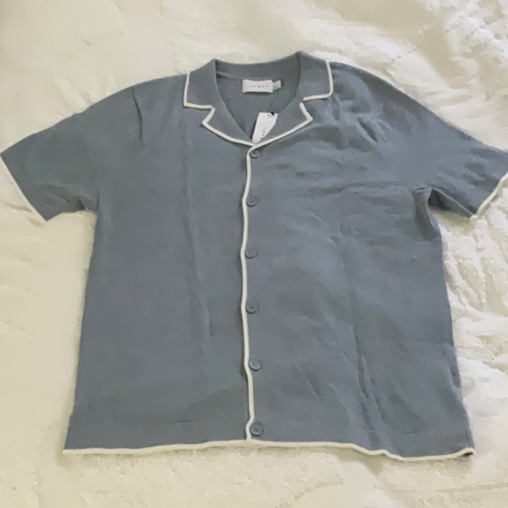 NWT TOPMAN Knit S/S Button Front Tipped Polo (Washed Blue) - Size Large